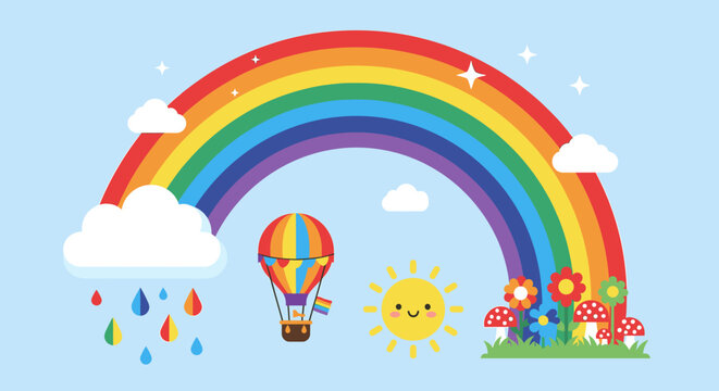 A vibrant cartoon illustration featuring a colorful rainbow, a hot air balloon, a smiling sun, a cloud with raindrops, flowers, and mushrooms in a cheerful sky.