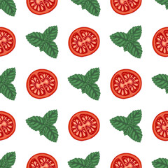 Tomato cherry slice and mint leaf vector seamless pattern. Hand drawn illustration on white background. Organic garden food for restaurant design. Natural kitchen textile for wallpaper and packaging. © NadyaSaen 