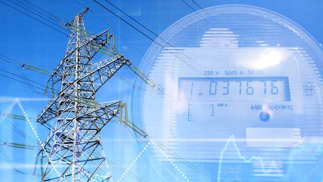 Power supply, Electricity metering. Transmission lines and digital energy meter illustrate electric grid distribution, consumption monitoring and utility accounting.