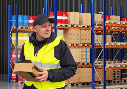 Warehouse operations, Inventory control. Worker with parcel and tablet checks stock in storage area, managing goods placement and order handling.