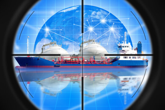 Maritime gas transport, LNG shipping. Tanker with spherical storage tanks is tracked in global energy supply network, illustrating cargo delivery and export logistics.