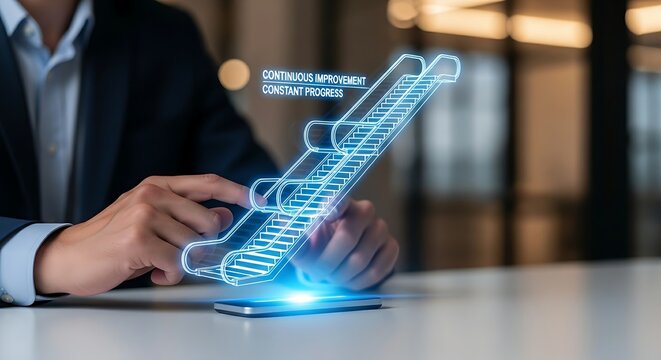 Continuous improvement concept. An executive's hands watch a hologram of an escalator moving upwards continuously, symbolizing constant progress