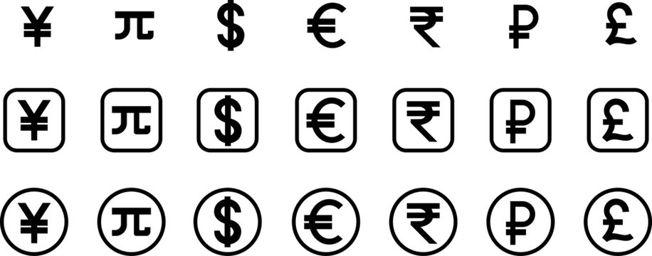 Collection of global currency symbols for international exchange, financial icons of dollar, euro, yen, pound sterling and rupee, black typography set for global banking and business applications