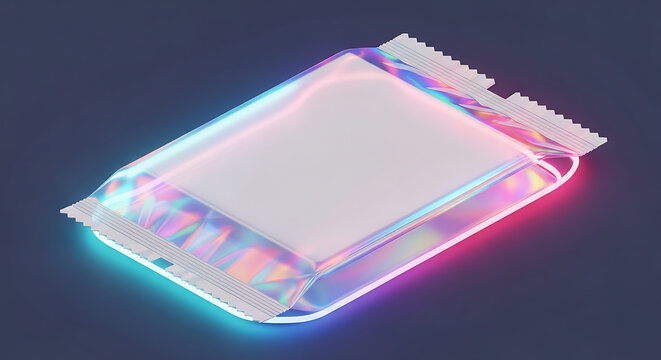 Isolated holographic candy wrapper with blank white label, iridescent colorful packaging design, product mockup on dark background
