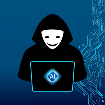 Cybersecurity threat depicting a hooded hacker using AI, artificial intelligence technology being manipulated by anonymous cybercriminals, high-tech computer circuit background