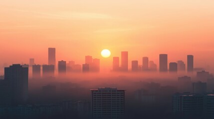 Fototapeta premium City skyline rising sun casting warm glow
