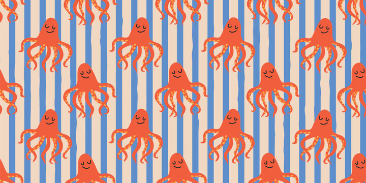 Vibrant seamless pattern featuring hand-drawn smiling orange octopuses on a blue and beige vertical striped background. Modern nautical aesthetic illustration, perfect for kids' apparel, nursery wallp