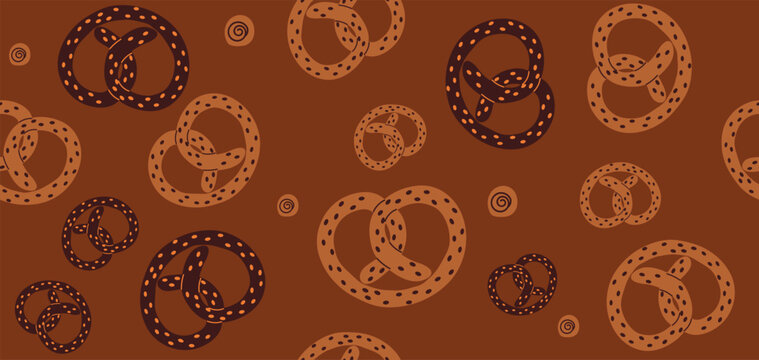 Aesthetic seamless pattern featuring various sizes of hand-drawn pretzels and small swirl elements. Warm orange, golden, and dark brown color palette in a flat minimalist style. Perfect for bakery bra