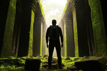 Fototapeta premium Adventure tourism and exploration backpacker exploring ancient ruins with mossy columns travel destination cultural