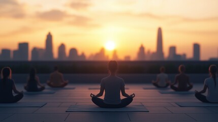 Fototapeta premium Corporate wellness and urban mindfulness group yoga class at sunrise with city skyline promoting employee well-being