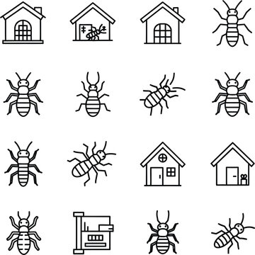 Black and white line of insects and houses beetles bugs buildings