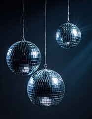Obraz premium Hanging mirrored disco balls for party decoration, nightclub lighting effect for New Year celebration
