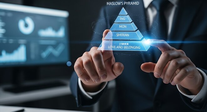 Customer needs analysis. A business analyst's hands touch a simple holographic Maslow's pyramid, highlighting one of the levels of customer needs.