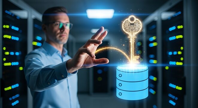 Data encryption key. An IT specialist's hands interact with a holographic golden encryption key, which is inserted into a database icon to secure it.