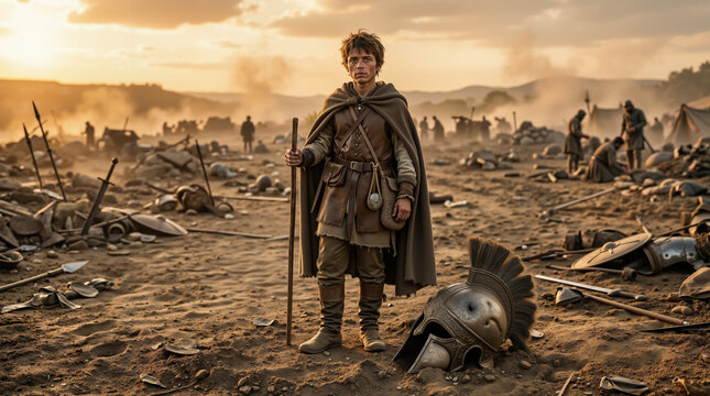 Young David standing on a battlefield after defeating Goliath. Biblical story of courage and faith. Victory of the underdog concept. Ancient warrior with sling and staff at sunset