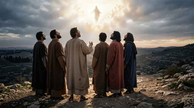 Jesus Christ ascending to heaven witnessed by disciples. Biblical scene of the ascension on a rocky hill. Christian religion and faith concept. Cinematic illustration of the risen Lord