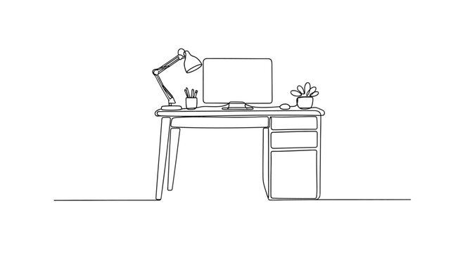 Minimalist Desk Setup with Computer, Lamp, and Plant - Clean Line Art Illustration