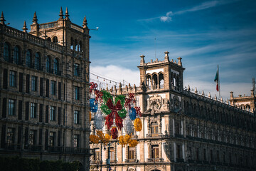 Fototapeta premium Historic government building with festive decorations in Mexico City
