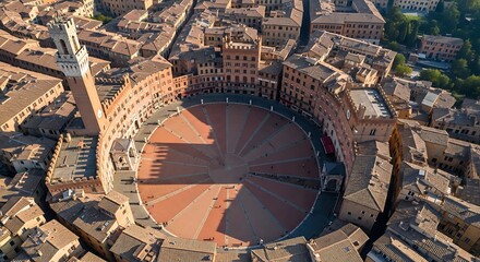 Obraz premium Aerial view of piazza del campo in siena, italy, featuring the iconic torre del mangia and historic medieval architecture surrounding the square