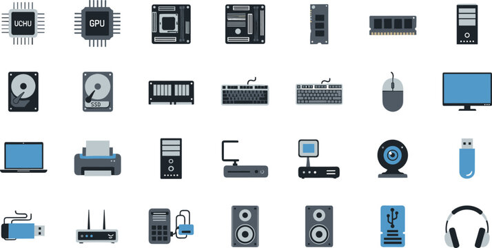 Computer hardware and peripheral device icon set with CPU GPU keyboard mouse monitor storage audio and technology equipment
