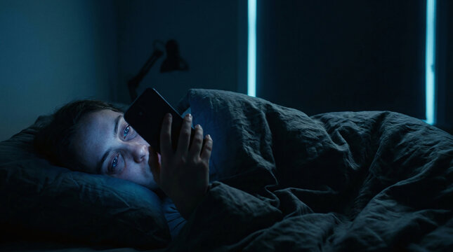 Doomscrolling and digital isolation of tired adult at night