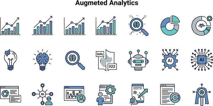 Augmented analytics and artificial intelligence vector icon set in flat outline style for data analysis machine learning and business insights