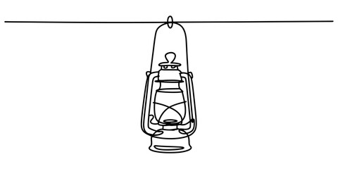 Continuous one line drawing of a vintage oil lantern hanging from a wire Vector, illustration © Alo 2026 Arts
