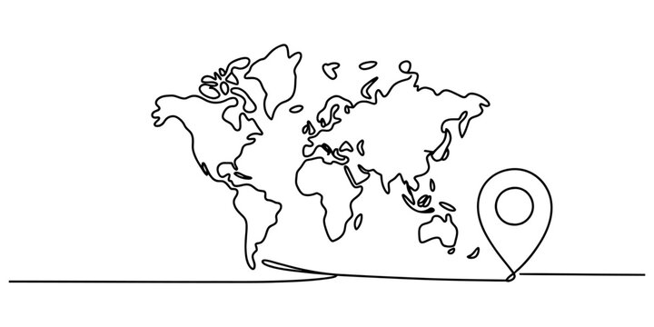 A single continuous line drawing illustrating a simplified world map connected to a location pin. Vector, illustration