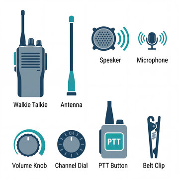 Set of communication device icons and components.