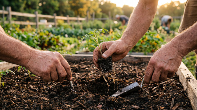 Seedlings transferred into soil with visible roots and natural sunlight, perfect for plant growth and farming visuals.