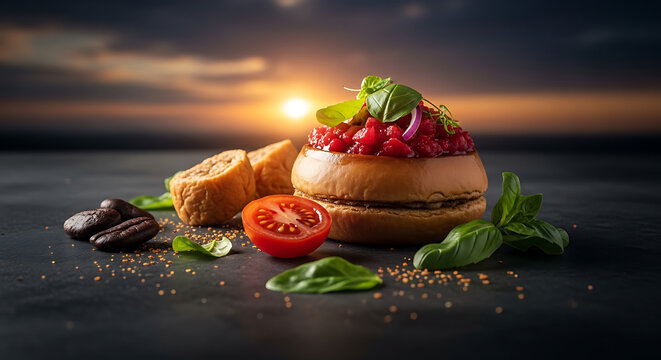Gourmet small burger with tomato and fresh herbs, served with bread slices and coffee beans on a dark surface during sunset, food photography