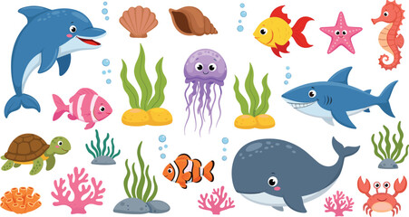 Cute Ocean Animals Set with Dolphin, Whale, Shark, Jellyfish, Fish, Turtle, and Coral Reef, Colorful Marine Cartoon Illustration for Kids © MdSumon