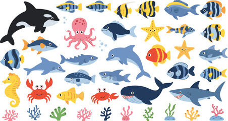 Colorful Ocean Animals Collection with Fish, Dolphin, Shark, Whale, Octopus, Crab, and Starfish, Cute Marine Cartoon Set for Kids Illustration © MdSumon