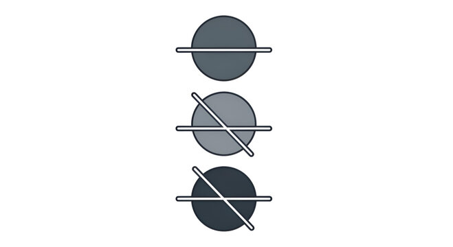 Set of three abstract circular icons with horizontal and diagonal lines on white background