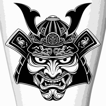 Intimidating Japanese Samurai Warrior Kabuto Helmet and Menpo Mask Illustration. Traditional East Asian Art with Fangs and Ornate Details.