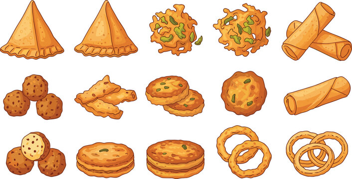 Indian snack vector illustrations showing samosas, pakoras, spring rolls, laddus, pastries, cookies, and murukku
