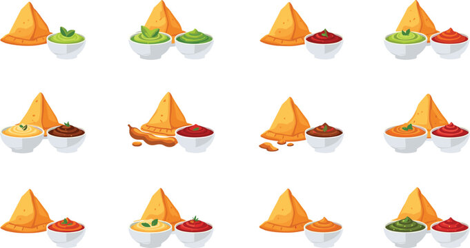 Indian food vector illustrations showing samosas with dipping sauces in colorful serving styles