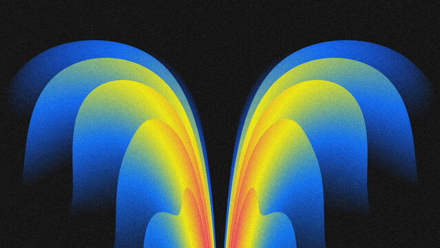 Abstract gradient twin arches background with grainy texture, featuring a smooth color transition from cobalt blue to neon yellow to warm tones on a deep black backdrop.