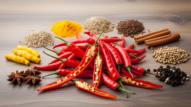 Vibrant red chili peppers and diverse aromatic spices artfully arranged on a rustic wooden surface, highlighting essential culinary ingredients for flavorful cooking and gourmet dishes