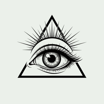 Mystical All-Seeing Eye in a Triangle with Radiating Light Rays. Black and white illustration of spiritual providence, vision, and wisdom.