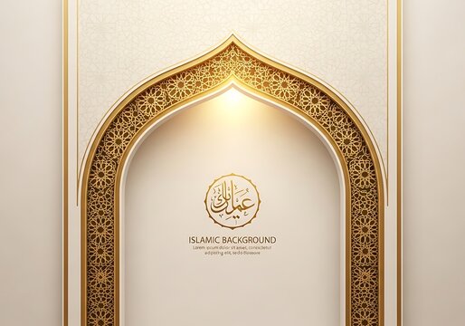 Intricate golden archway with arabic calligraphy for eid or ramadan celebrations, calligraphy