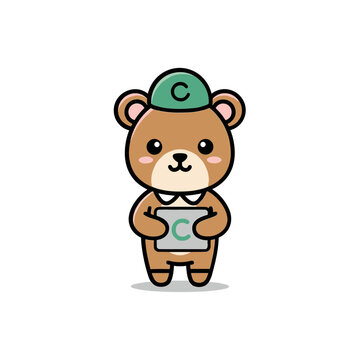 Cute cartoon bear character wearing a hat holding a sign with letter C