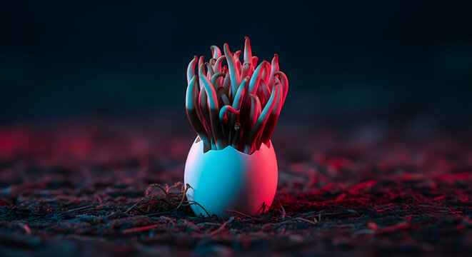 Sprouting plant emerges from a cracked white eggshell on dark soil, illuminated by vibrant pink and blue neon lights, symbolizing new life and growth in a moody, futuristic setting
