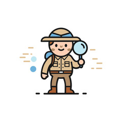 Fototapeta premium Cute Cartoon Explorer Character with Magnifying Glass, Safari Hat and Backpack