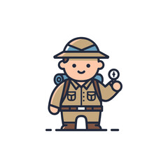 Fototapeta premium Cute Cartoon Explorer Holding Compass, Ready for Adventure, Safari Hat and Backpack