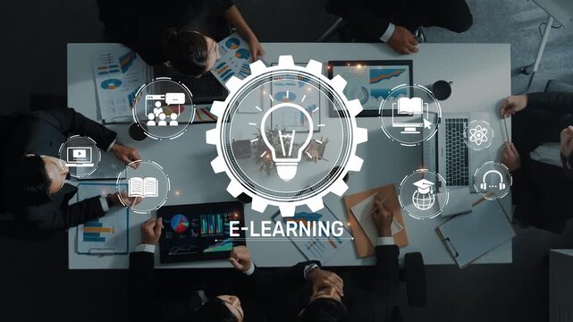 A diverse group of professionals engages in a collaborative e-learning strategy session, surrounded by digital technology and innovative tools in a modern office. Raster