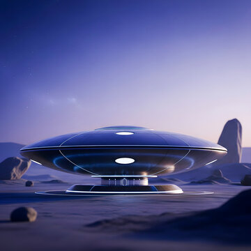 Futuristic UFO landed in an alien landscape with rocky terrain and a vibrant purple sky
