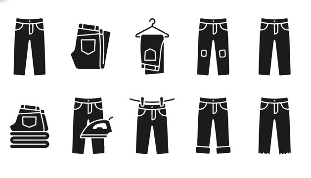 Collection of black icons representing various styles and ways of wearing jeans with belt loops clothing care clothing silhouette wardrobe