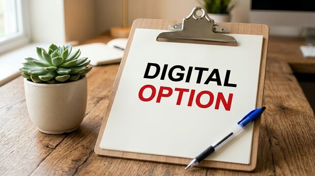 Clipboard displaying the words DIGITAL OPTION in bold text with a succulent plant and a pen on a wooden desk surface Clipboard displaying the words DIGITAL OPTION in bold text with a