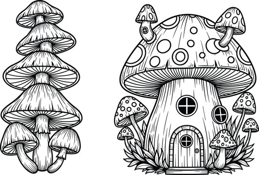 Mushroom Line Art Illustration with Fantasy House and Stacked Fungi for Coloring Pages, Botanical Design, and Whimsical Nature Concepts